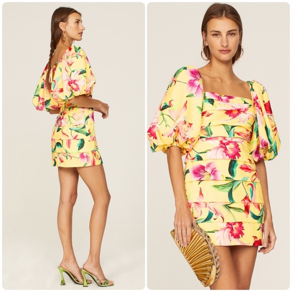 New! PatBO Laelia Flora Mini Puff Sleeve Dress 🌼🌼 size 10 - Picture 2 of 15